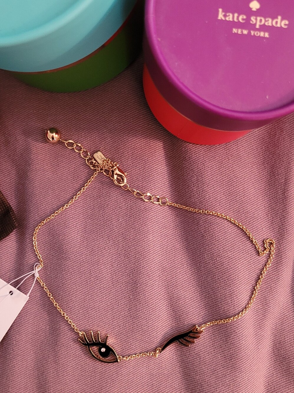 kate spade gold-tone KISS And MAKEUP eye Wink motif necklace black enamel NWT